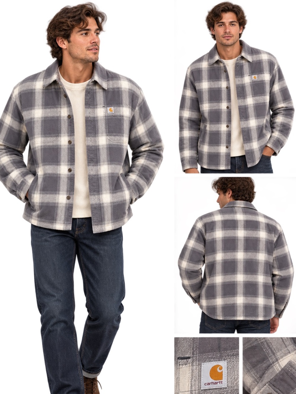 Carhartt Men's Gray & White Plaid Flannel-Lined Shirt Jacket